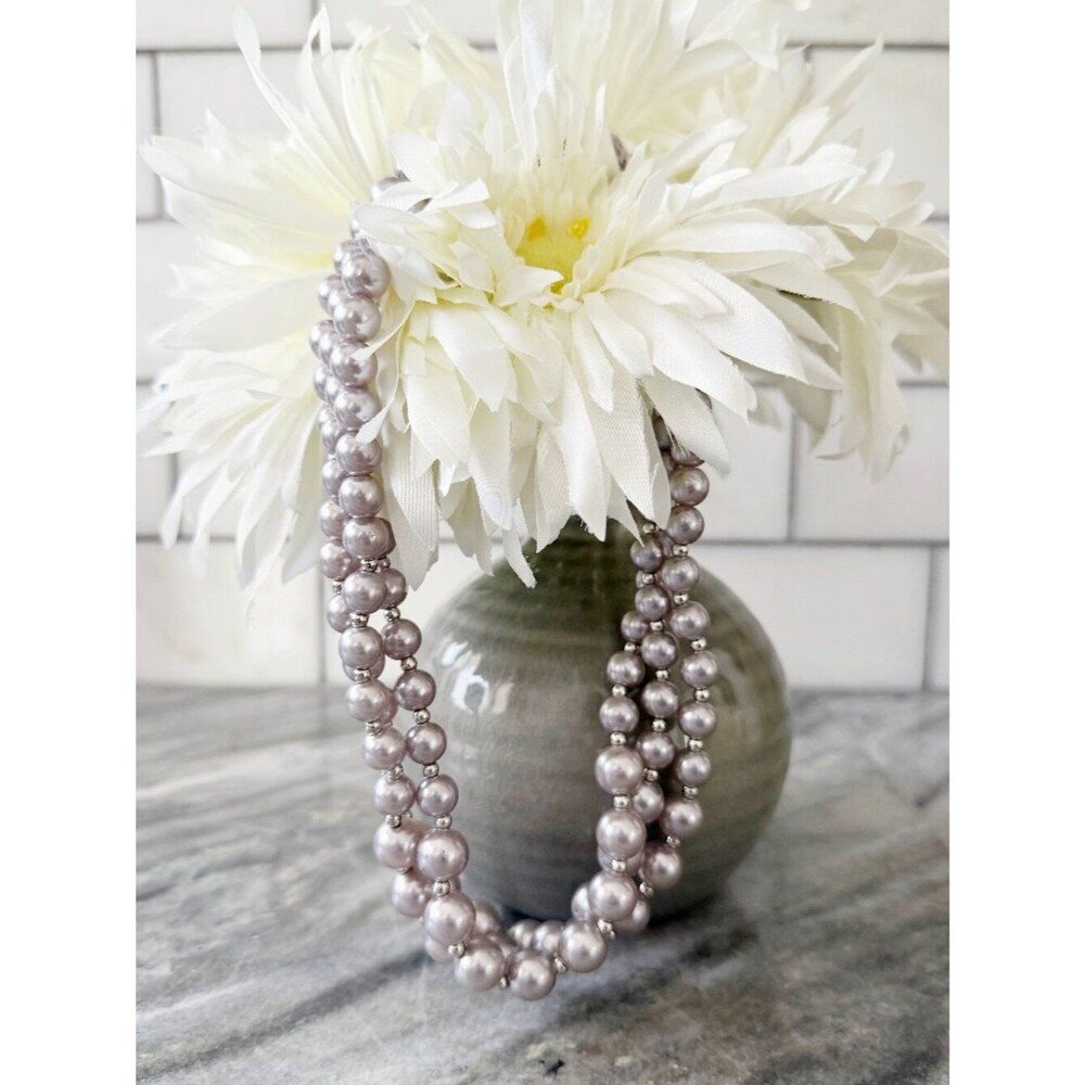 Triple Strand Lavender Faux Pearl Necklace Silver Tone Spacers 17-20"